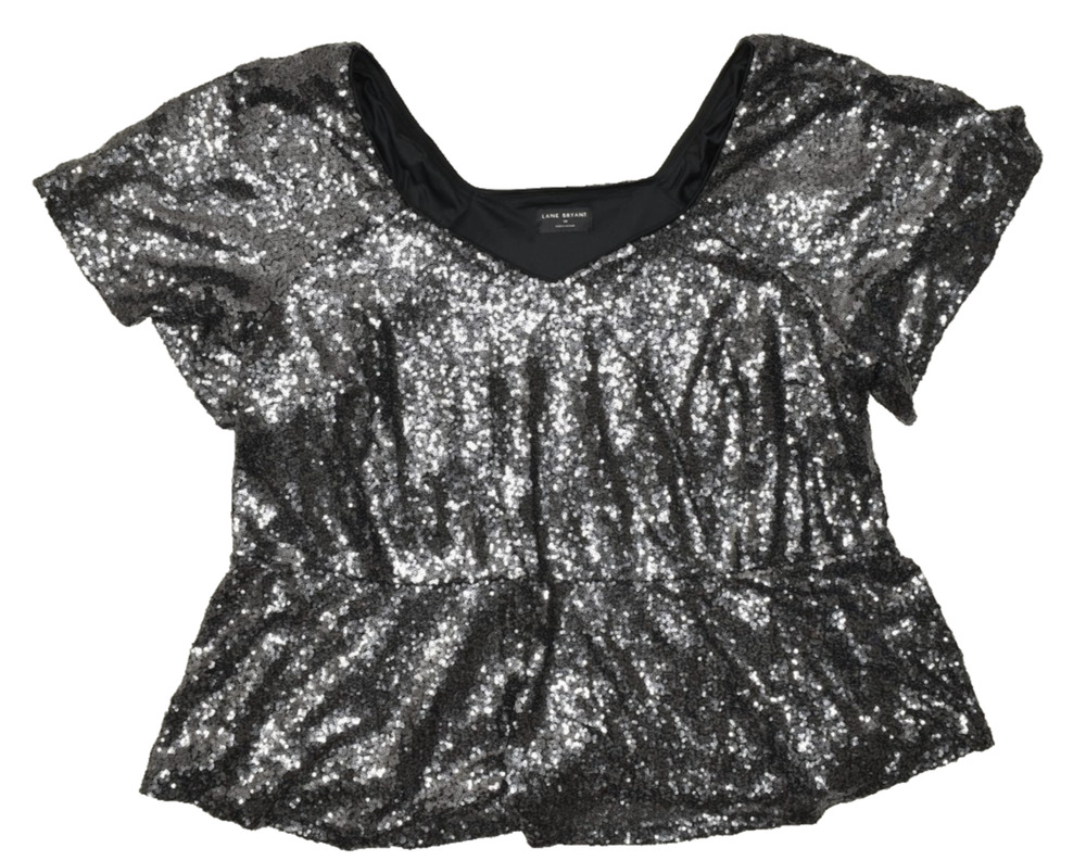 Lane Bryant Plus Size 28 Sequin Peplum Top Black V-Neck Short Sleeve Blouse
